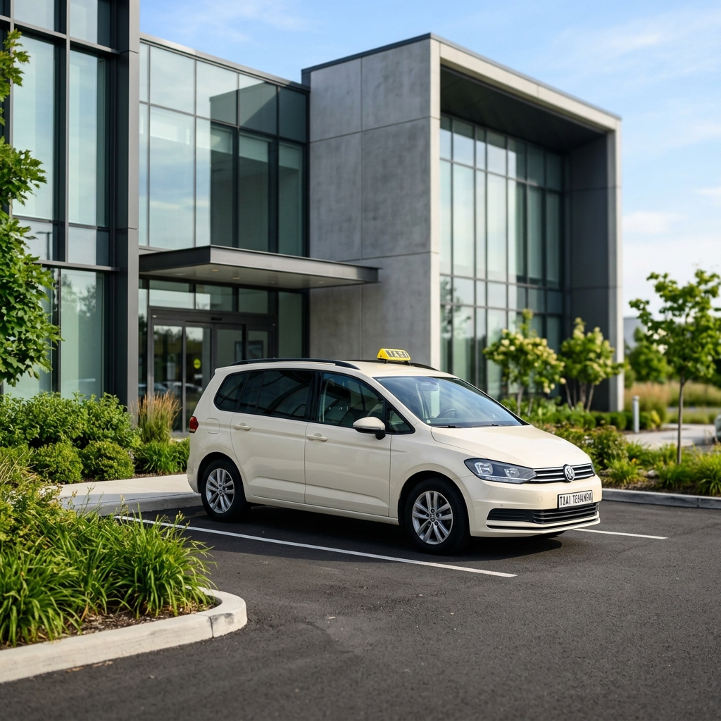 VW Touran Taxi von Taxi Tchanra für Krankenfahrten vor einer medizinischen Einrichtung